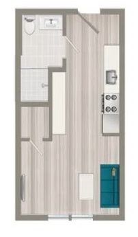 A floor plan of a small apartment with a kitchen, living room, and bathroom.